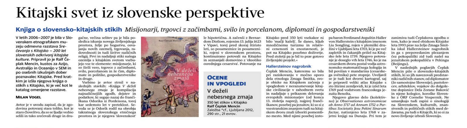 Milan Vogel: Kitajski svet iz slovenske perspektive (Delo, 30. 4. 2013)